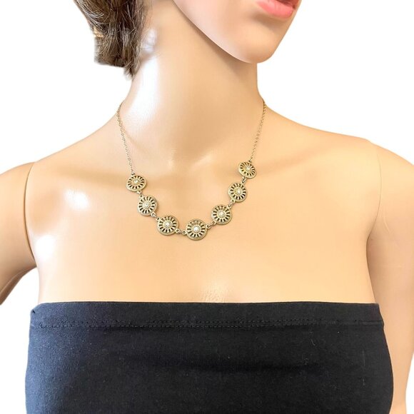 Vintage Style Gold Tone Sunburst Necklace with Rhinestones Adjustable 14-18" - Picture 3 of 7